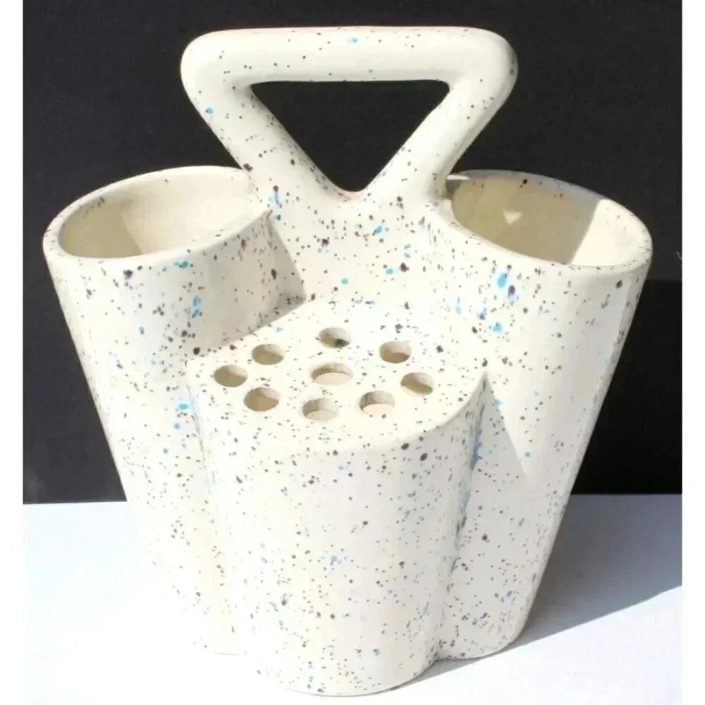 Vintage MCM 1980s Bud Vase Utensil Holder Glazed Splatter Ware 4 Sided White